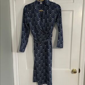 Navy Blue Patterned Faux Wrap Dress - Women's